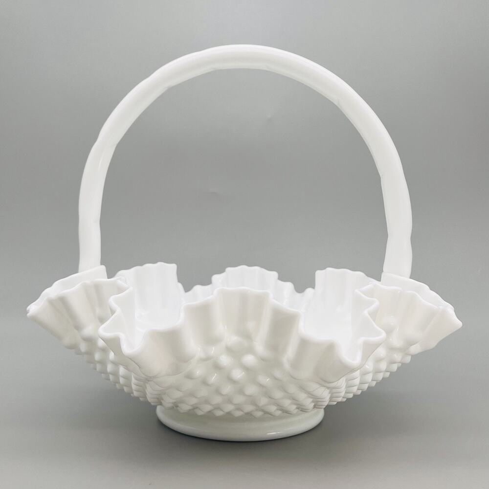 Large Fenton White Hobnail Milk Glass Basket Crimped Ruffle Edge Centerpiece 12"